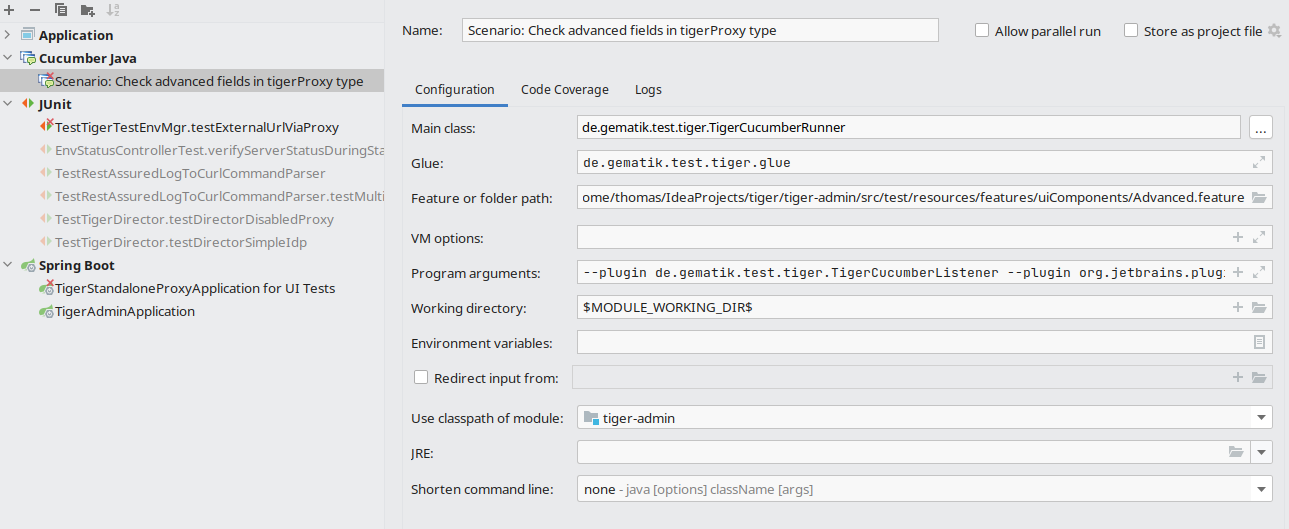 tiger intellij run settings