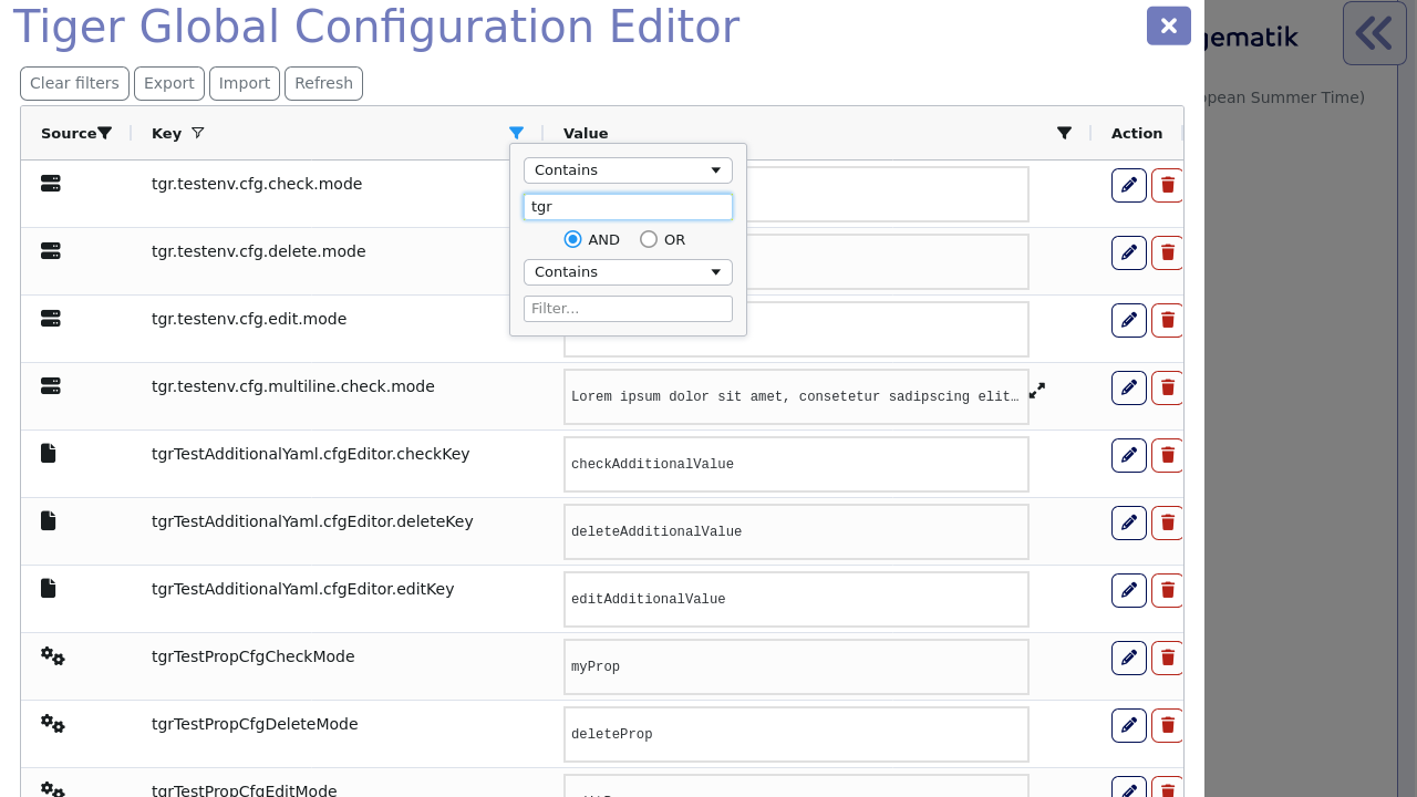 screenshot of Key column displaying a filter popup filtering by the word tgr